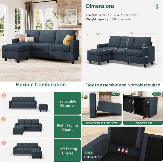 Blue L Shaped Convertible Sofa With Reversible Chaise