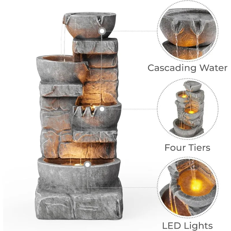 LED Outdoor Water Fountain with Cascading Bowls for Serene Gardens