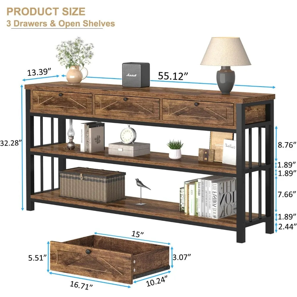 Rustic Three Drawer Entryway Table With Storage Shelves