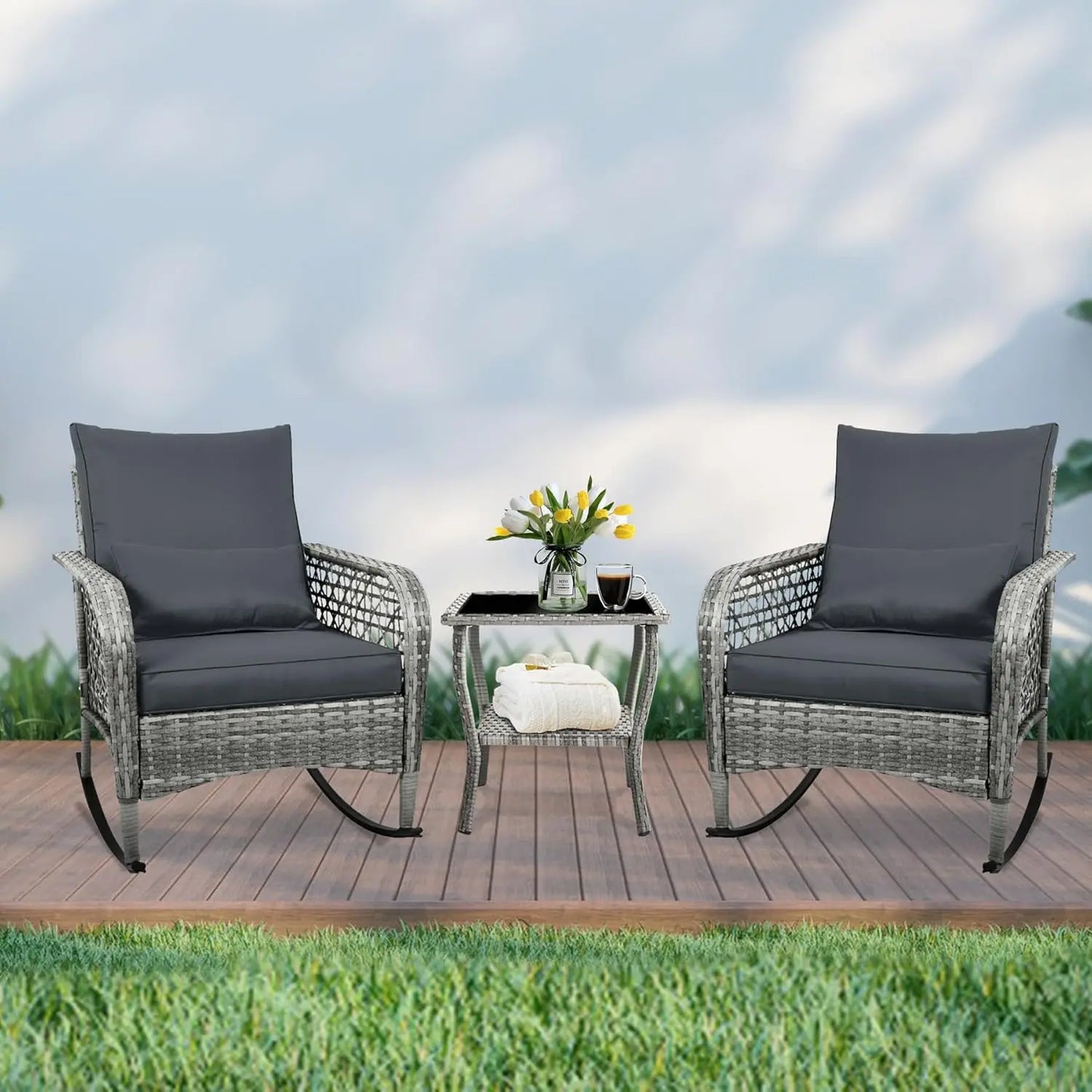 Stylish 3-Piece Patio Furniture Set with Rocking Chairs