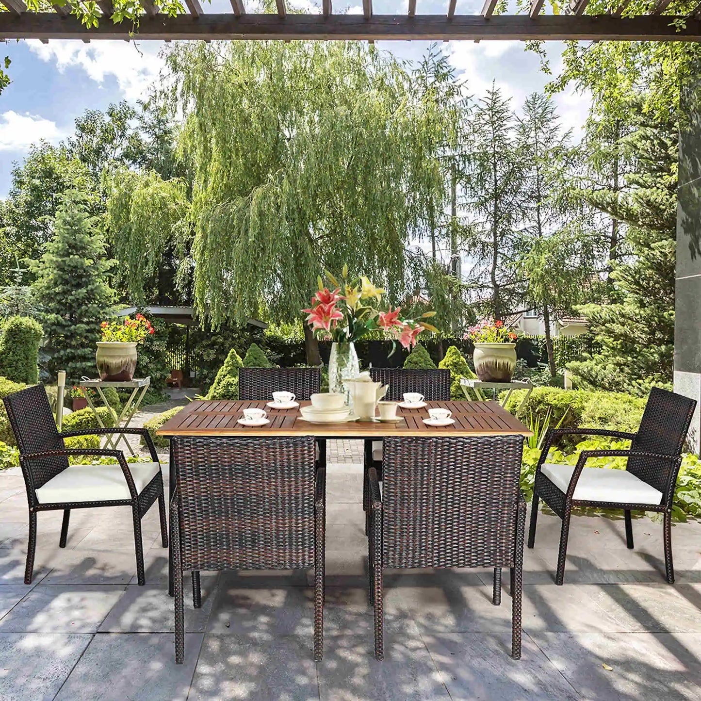 Elegant 7PCS Rattan Patio Dining Set with Wooden Top