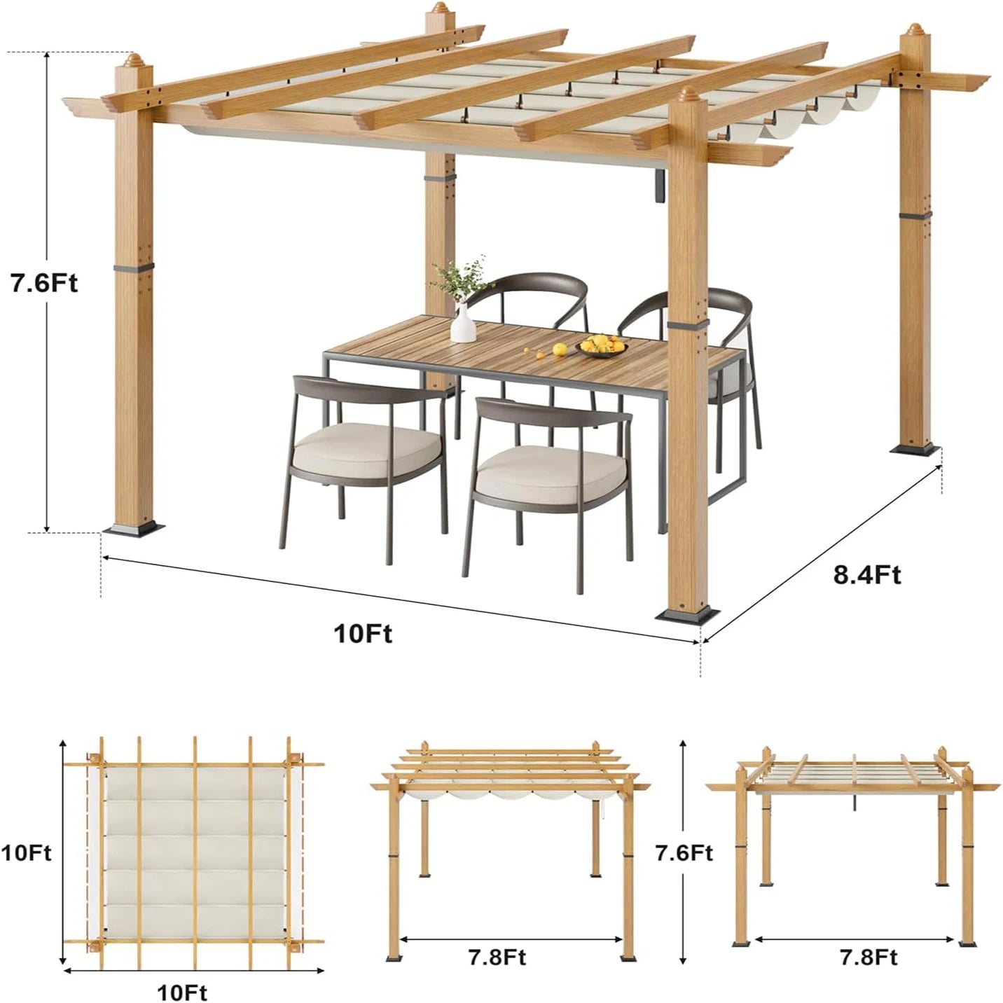 Outdoor Aluminum Pergola With Retractable Sun Shade Canopy