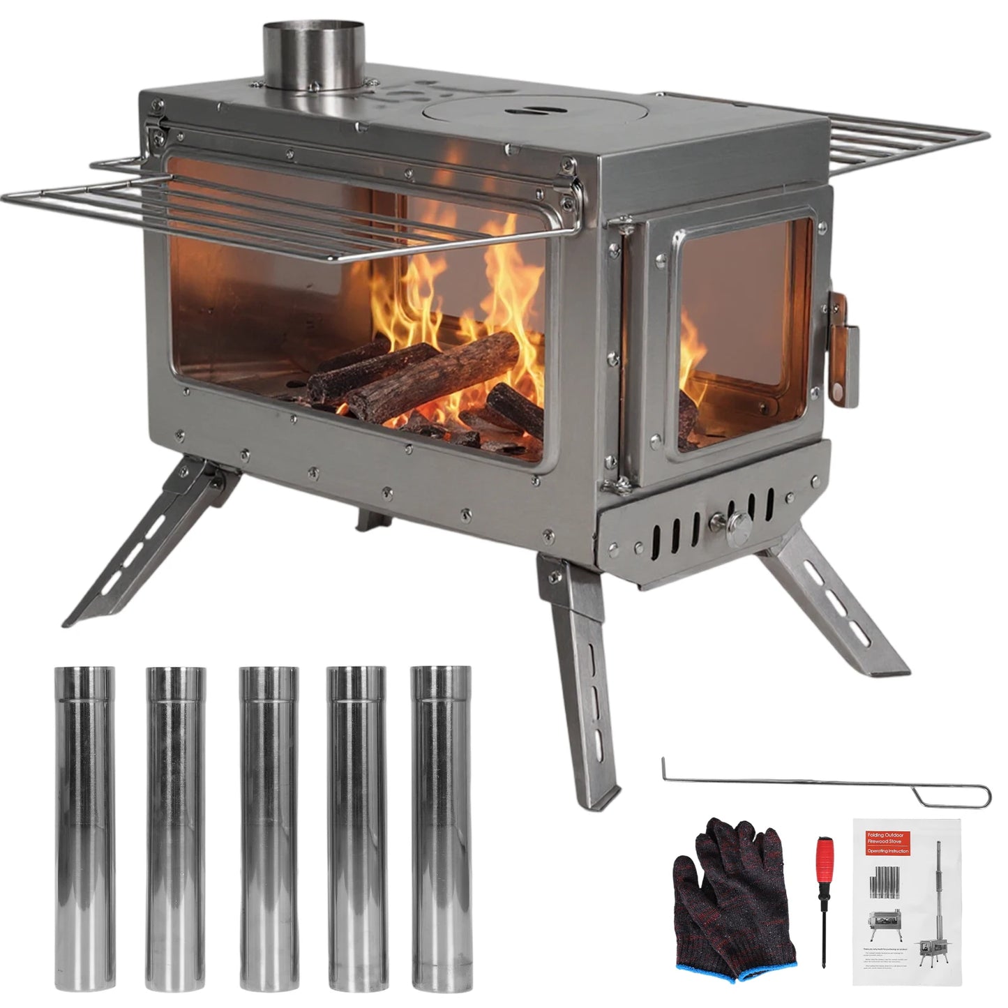Portable Tent Stove Wood Burning Rustproof With Chimney