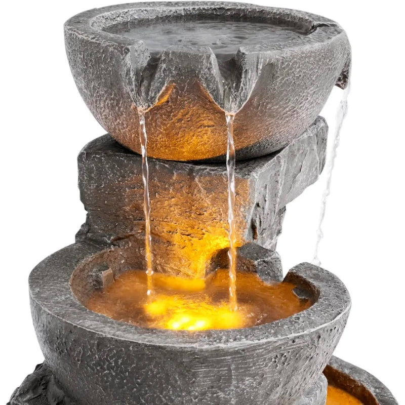 LED Outdoor Water Fountain with Cascading Bowls for Serene Gardens
