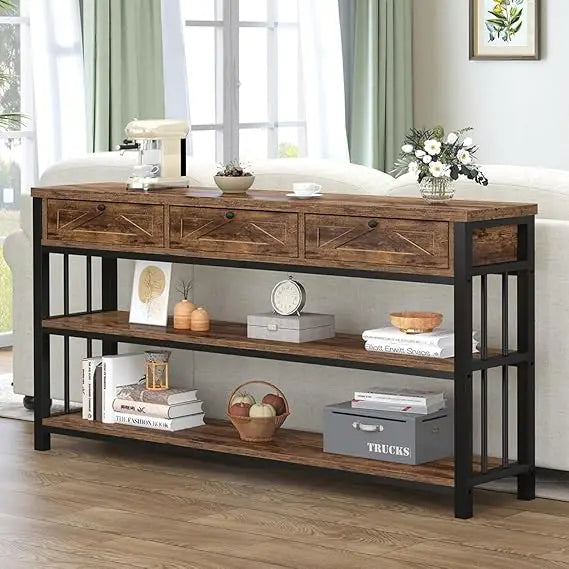Rustic Three Drawer Entryway Table With Storage Shelves