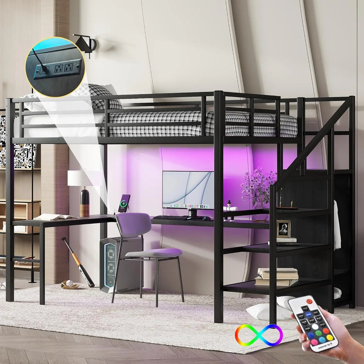 Full Size Metal Loft Bed With Desk Wardrobe Led Lights