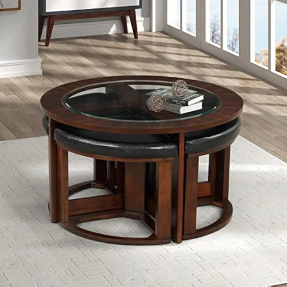 Espresso Glass Top Round Coffee Table With Stools Set