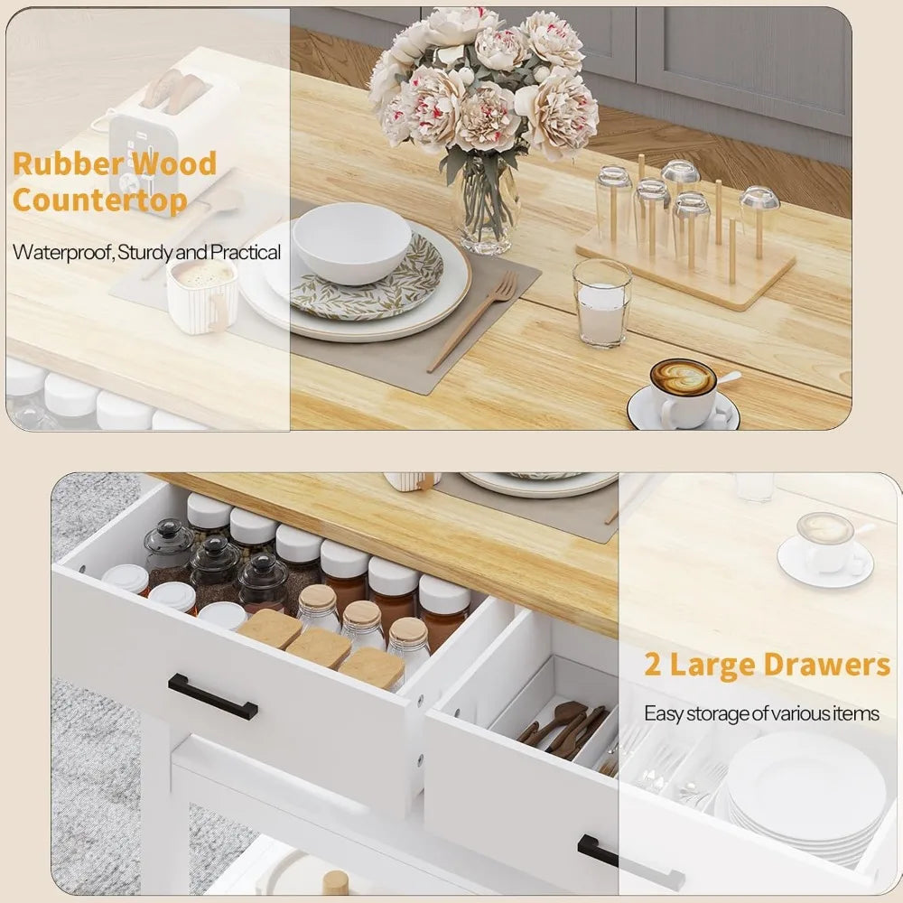 Extra Large Solid Rubberwood Kitchen Island with Power Outlets