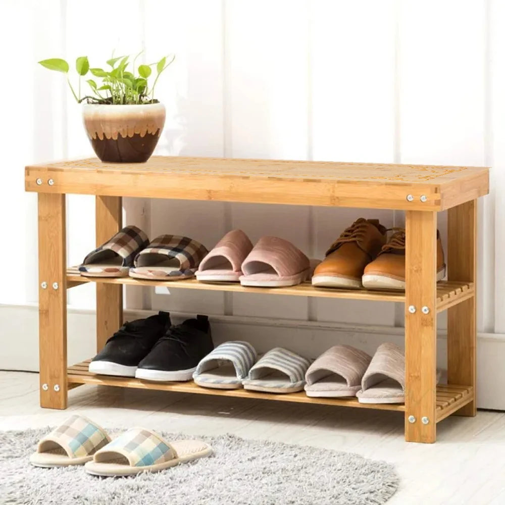 Bamboo 3 Tier Shoe Rack Entryway Bench For Modern Storage