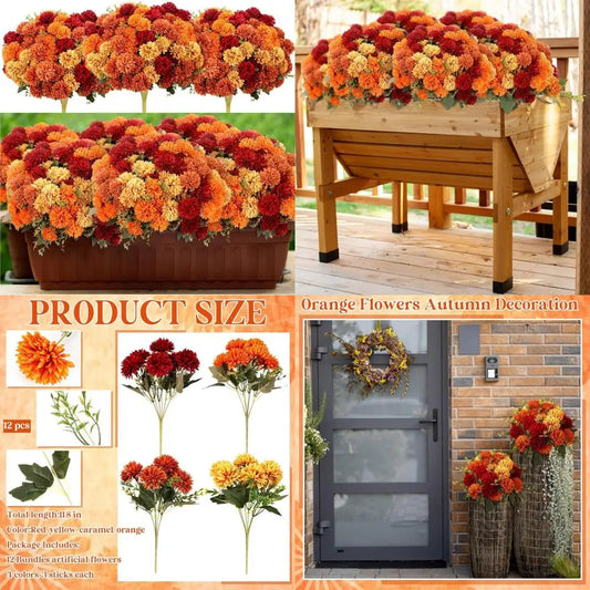 Artificial Silk Mums Bouquet 12 Pcs Burnt Orange Fall Decor