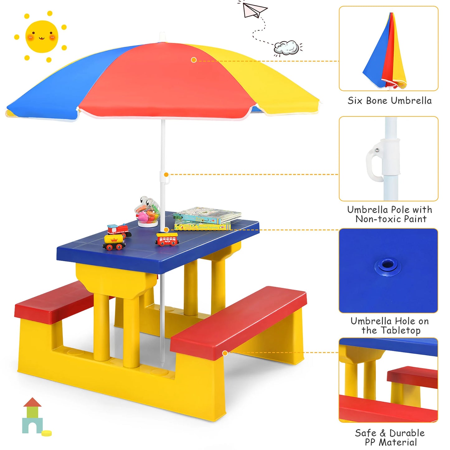 Homasish Kids Picnic Table Set with Removable Umbrella