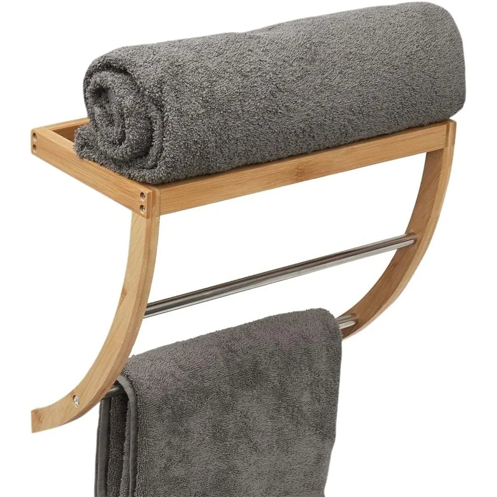 Durable Bamboo Wall Mounted Shelf with 2-Tier Towel Rack