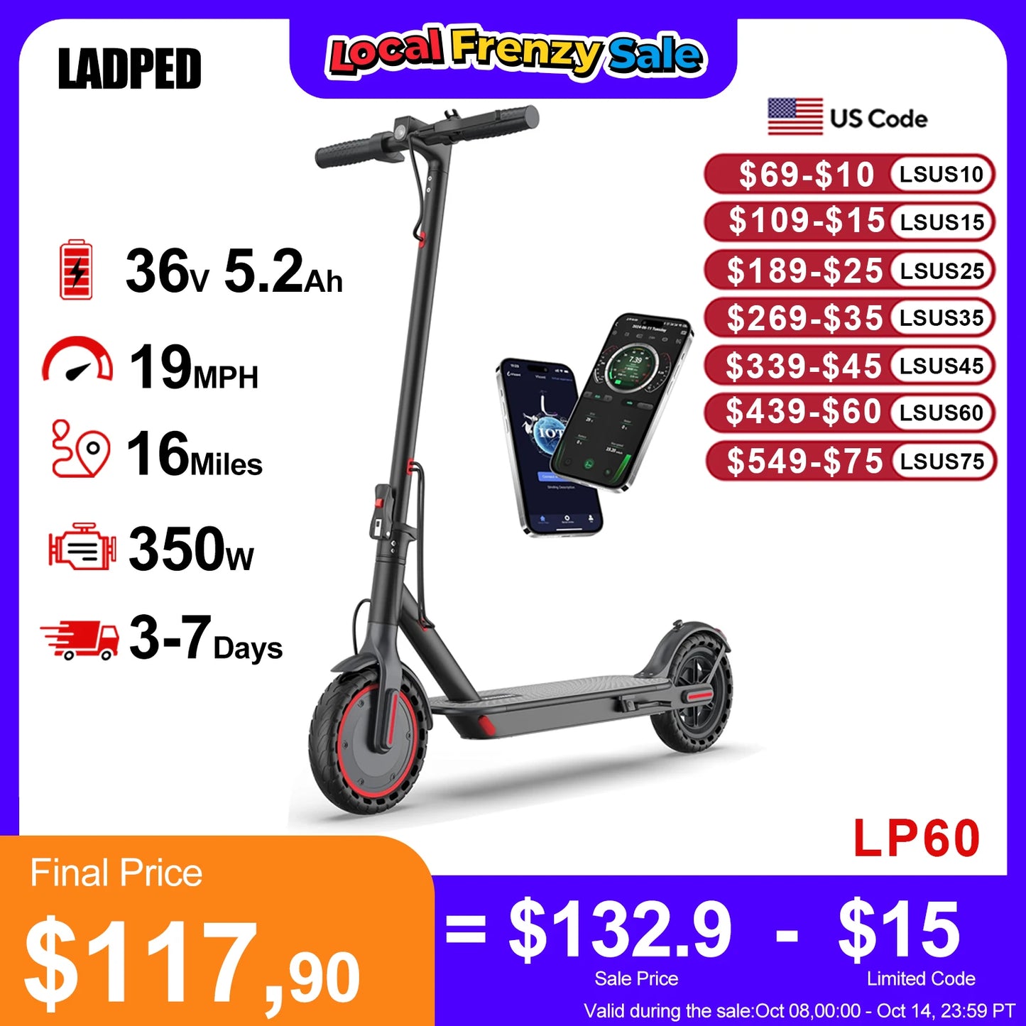 Ladped LP60 Electric Scooter 350W Folding With App Control