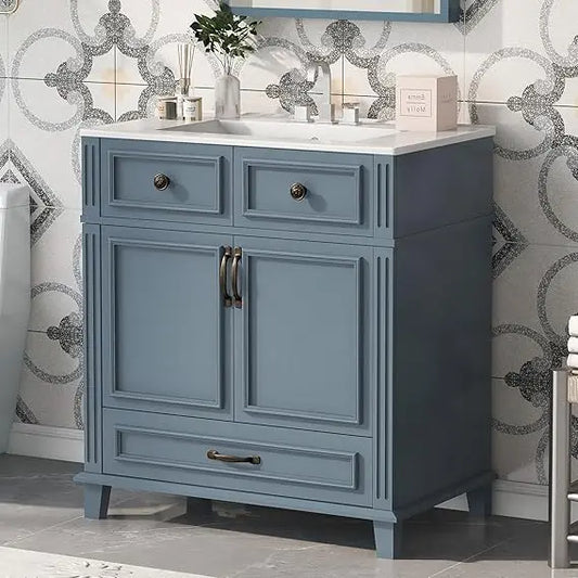 30 Inch Blue Solid Wood Vanity with Sink and Storage Space