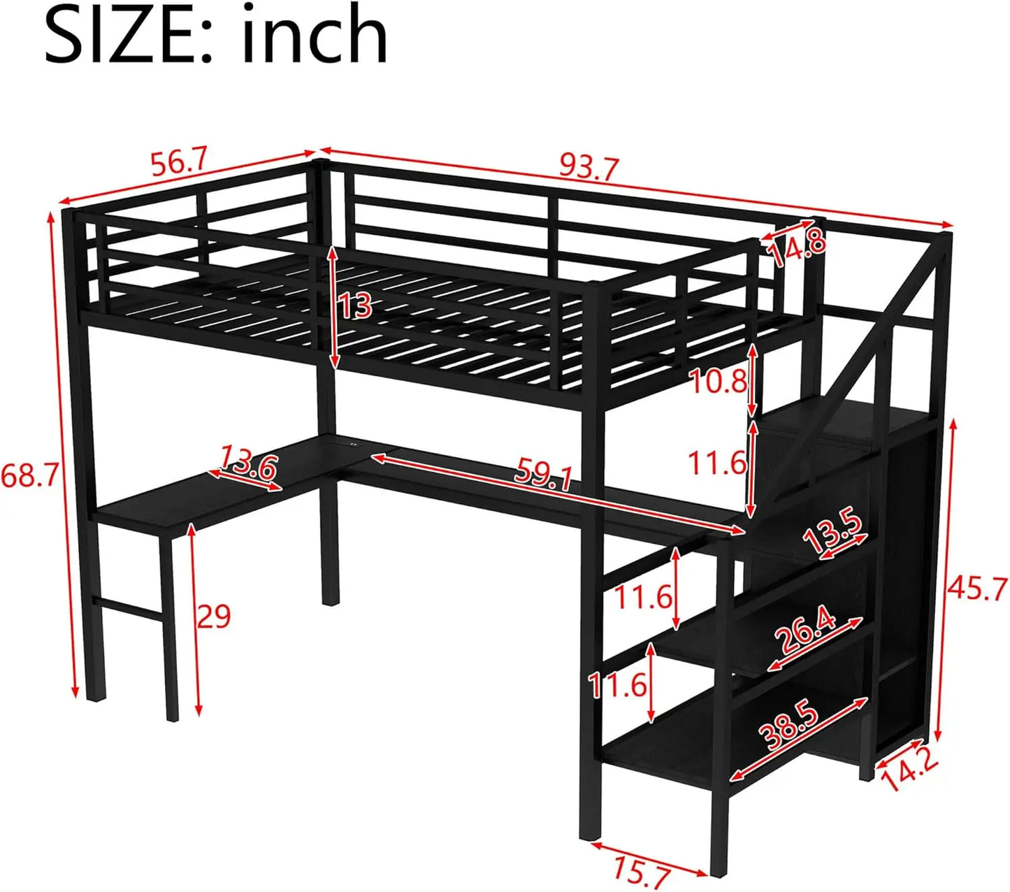 Full Size Metal Loft Bed With Desk Wardrobe Led Lights