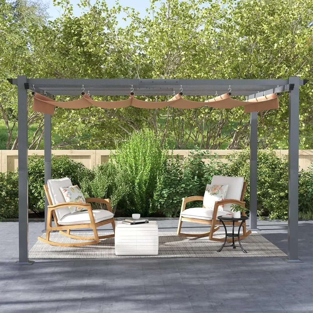 Outdoor Pergola With Adjustable Roof And Brown Shade Cover