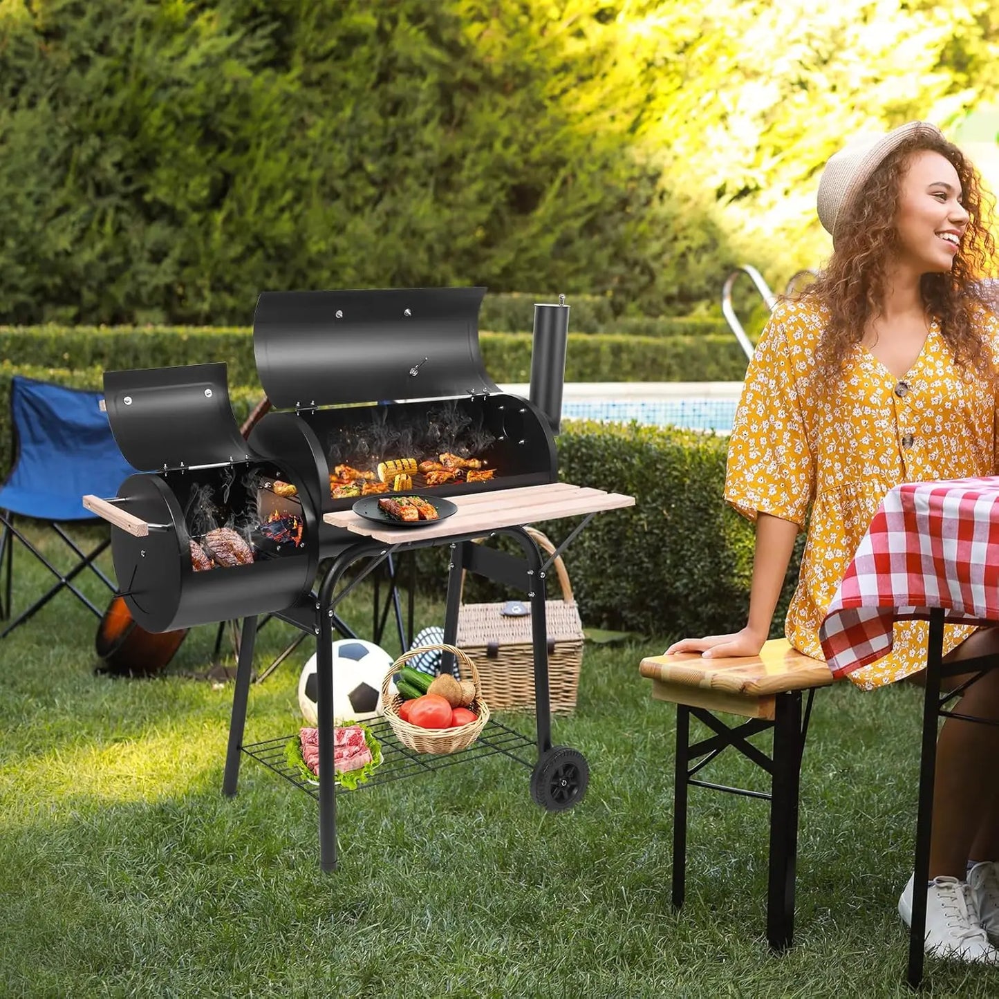 BBQ Charcoal Grill Outdoor Offset Smoker With Wheels