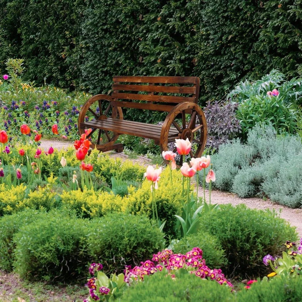 Rustic Wooden Wheel Bench for Stylish Outdoor Seating