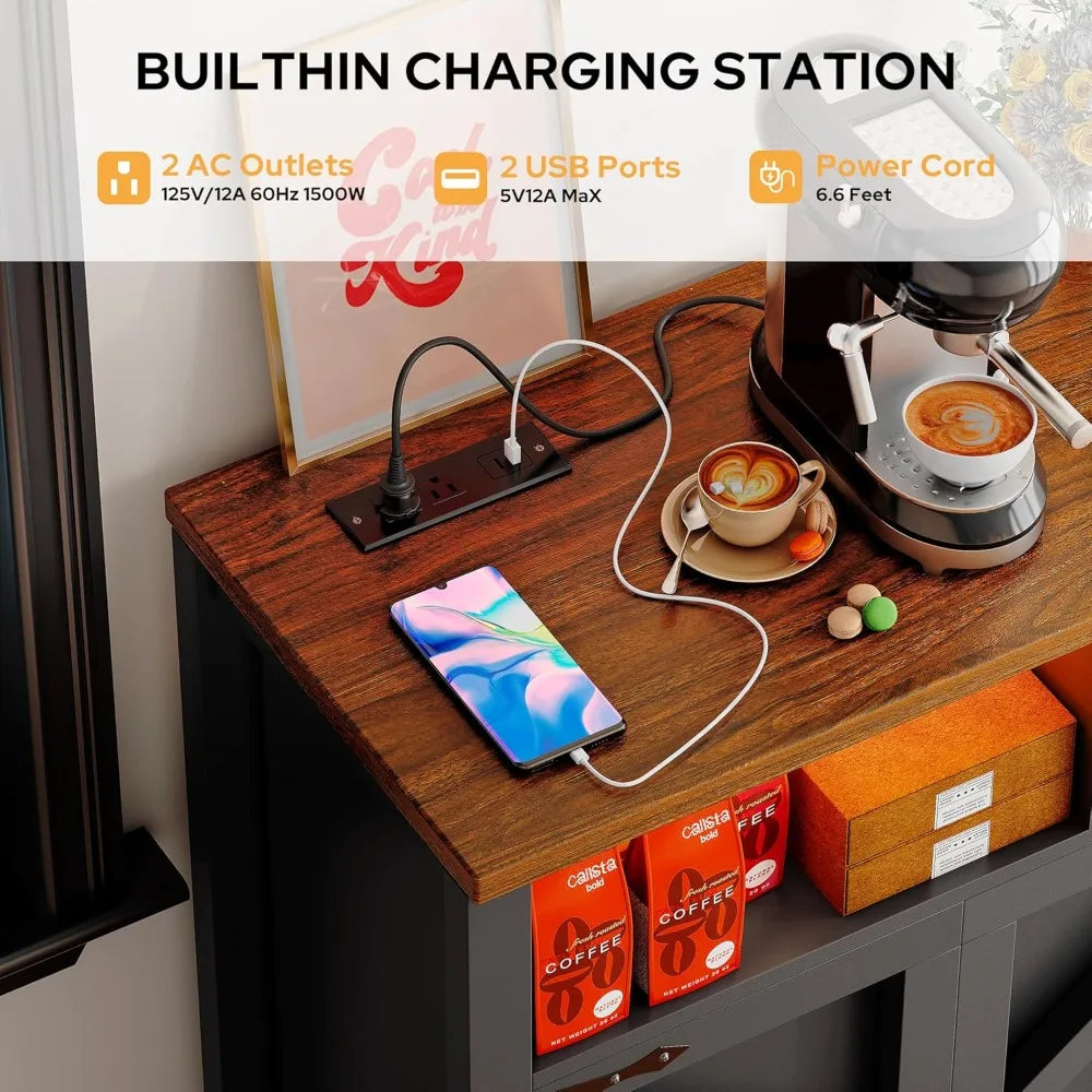 Buffet Sideboard With Power Outlets And Led Light 55 Inch