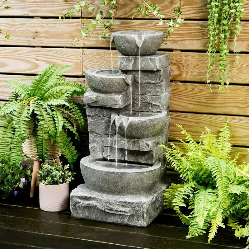 LED Outdoor Water Fountain with Cascading Bowls for Serene Gardens