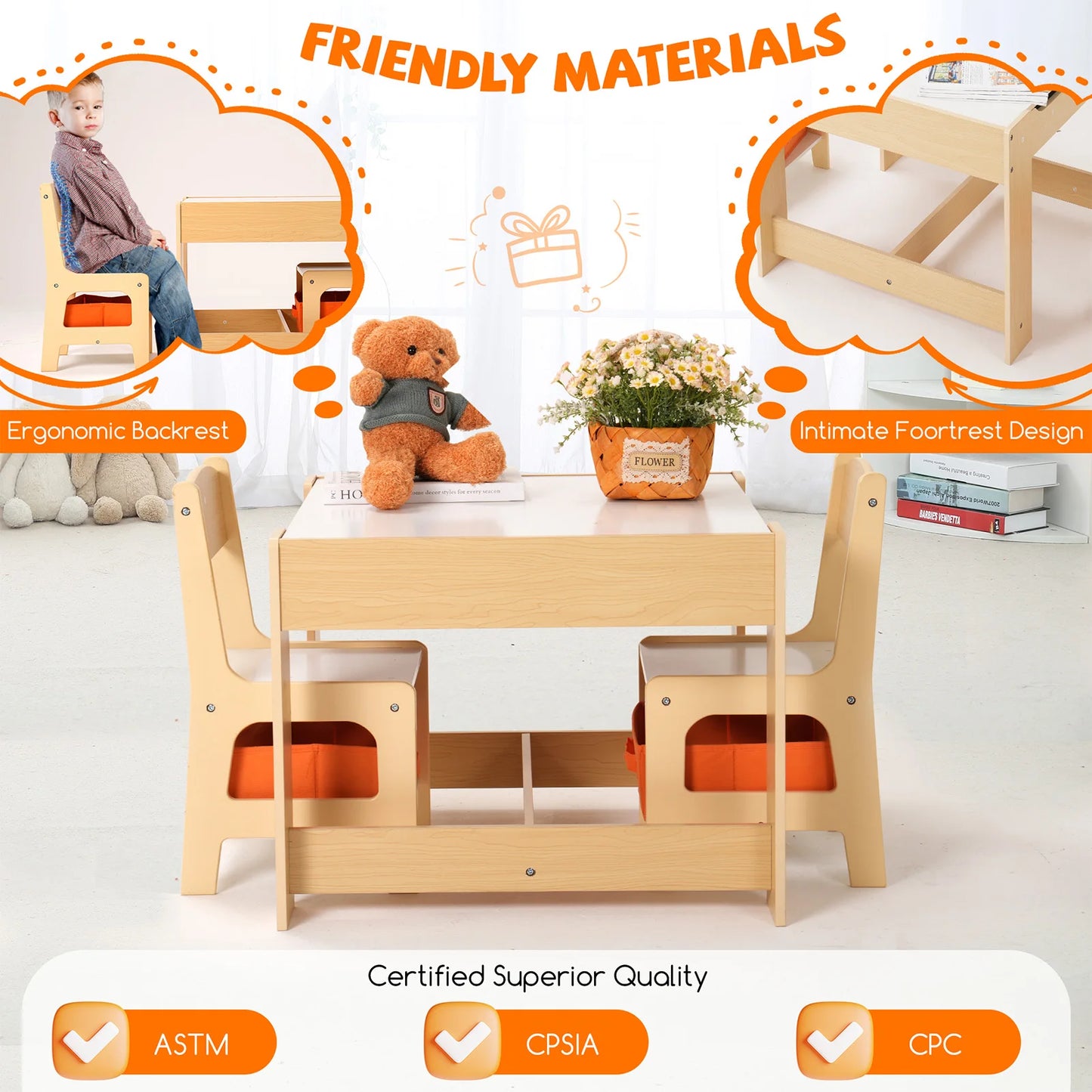 Natural Wood Children's Play Table and Chair Set for Safe Fun
