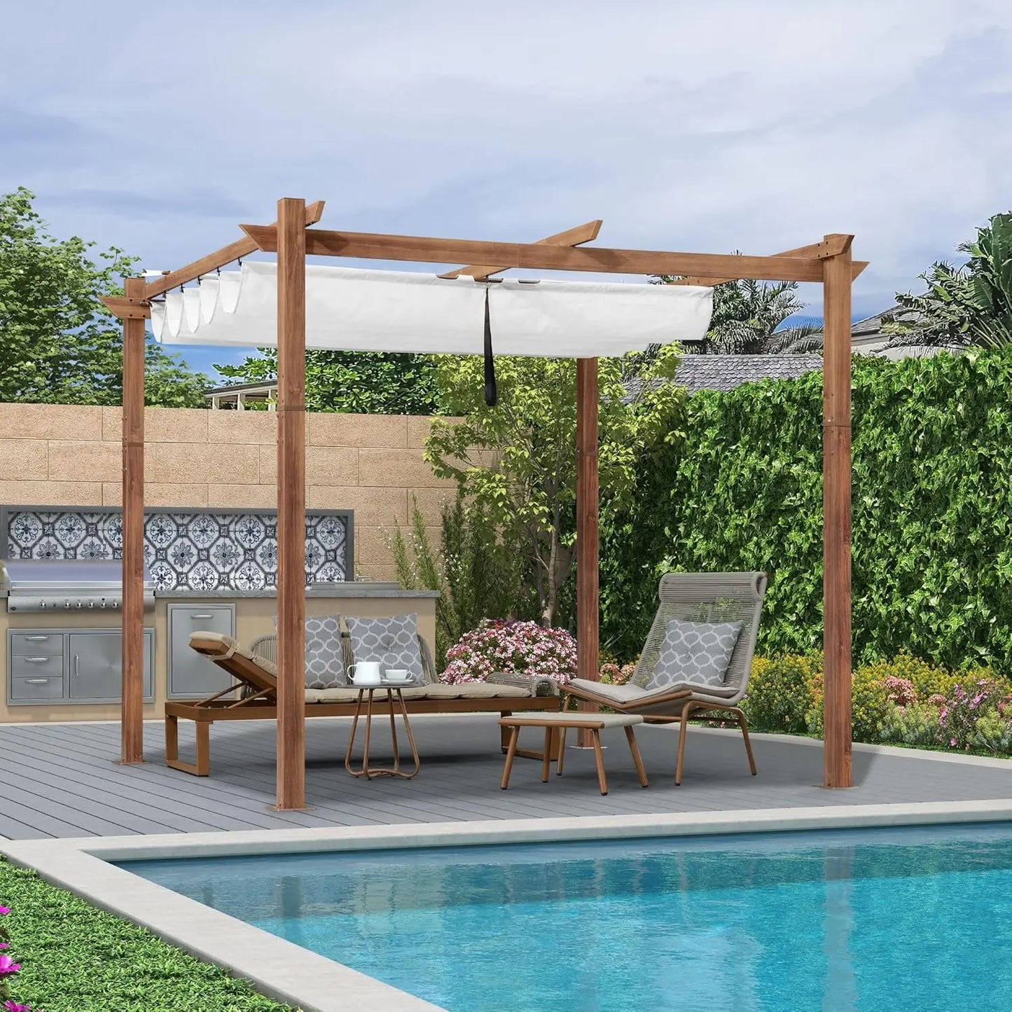 Outdoor Aluminum Pergola With Retractable Sun Shade Canopy