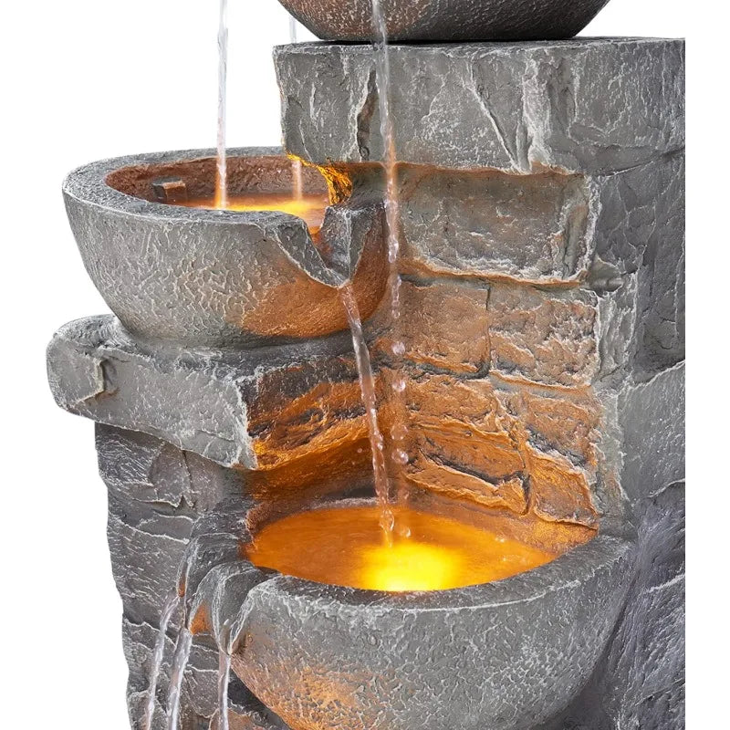 LED Outdoor Water Fountain with Cascading Bowls for Serene Gardens