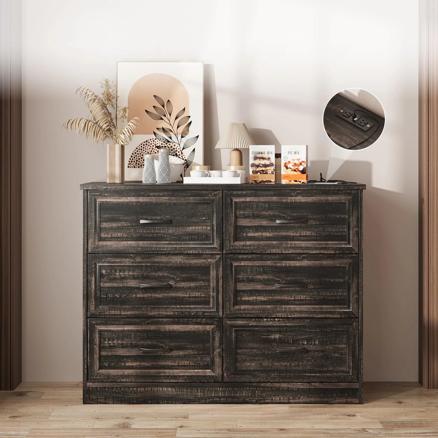 Vabches 6 Drawer Dresser With Power Strip for Stylish Bedroom Storage