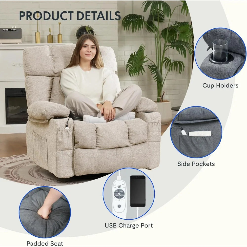 DAFIFY Oversized Swivel Rocker Recliner with Massage and USB Charging
