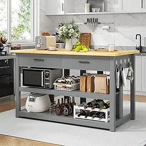 Extra Large Solid Rubberwood Kitchen Island with Power Outlets