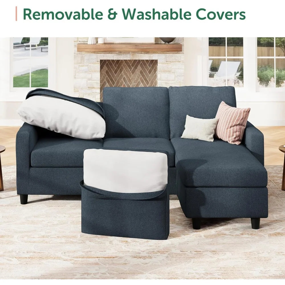 Blue L Shaped Convertible Sofa With Reversible Chaise