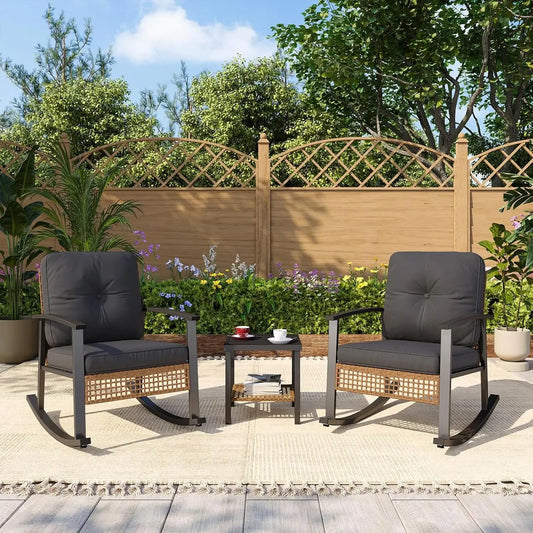 Outdoor Rocking Bistro Set With Cushioned Wicker Chairs