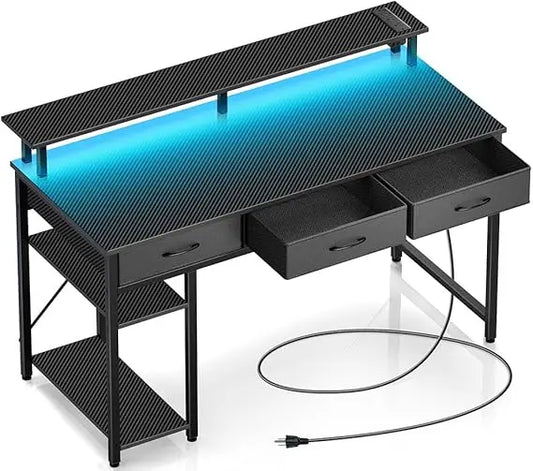 Space-Saving Computer Desk with Power Outlets and LED Lighting