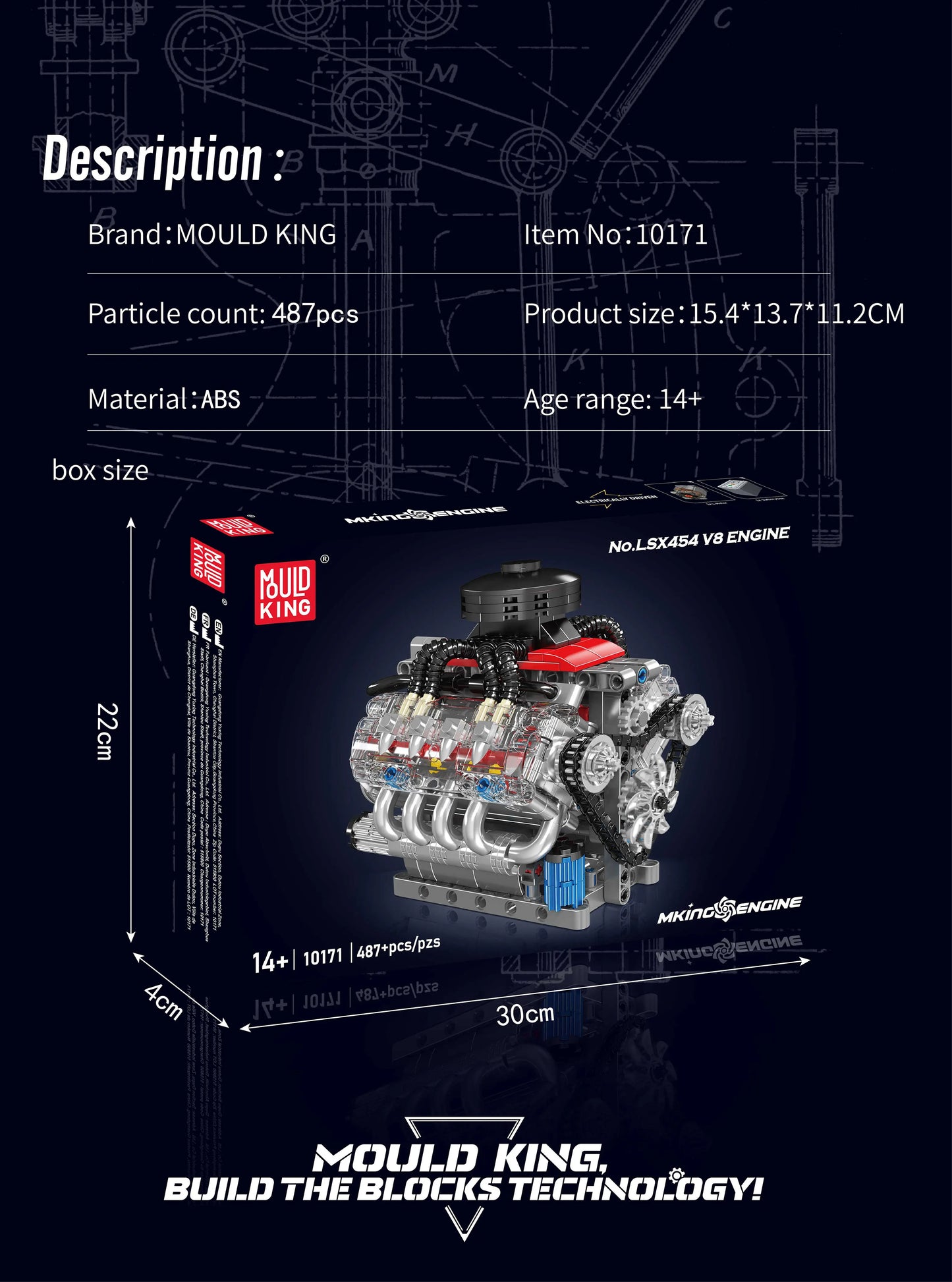Realistic V8 Engine LSX454 Building Blocks Set 487 Pieces
