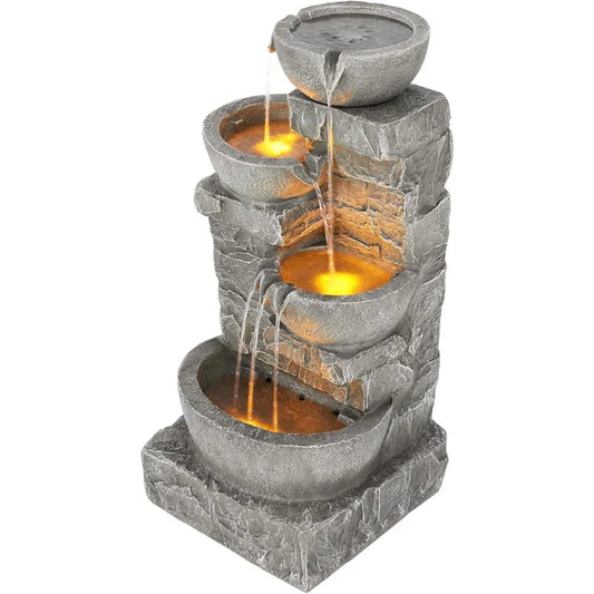 LED Outdoor Water Fountain with Cascading Bowls for Serene Gardens
