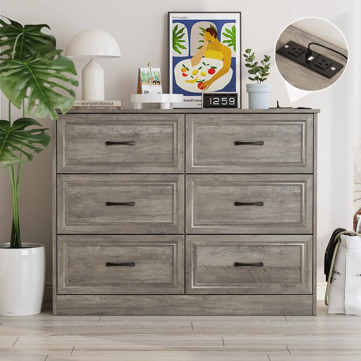 Vabches 6 Drawer Dresser With Power Strip for Stylish Bedroom Storage