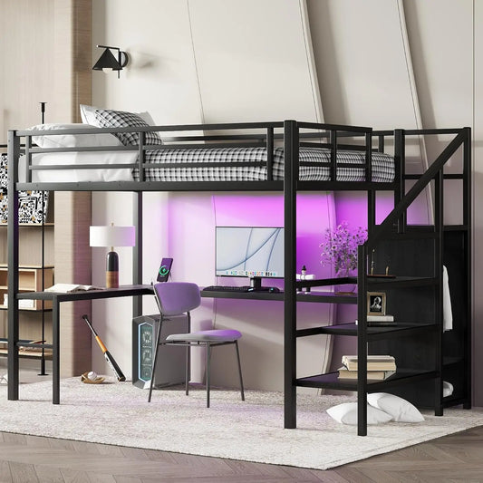 Full Size Metal Loft Bed With Desk Wardrobe Led Lights