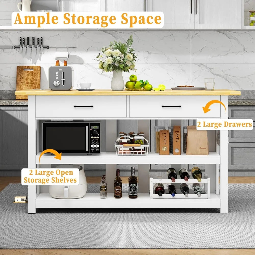 Extra Large Solid Rubberwood Kitchen Island with Power Outlets