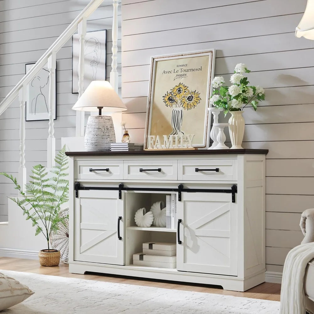 Farmhouse Buffet Cabinet With 3 Drawers And Sliding Door