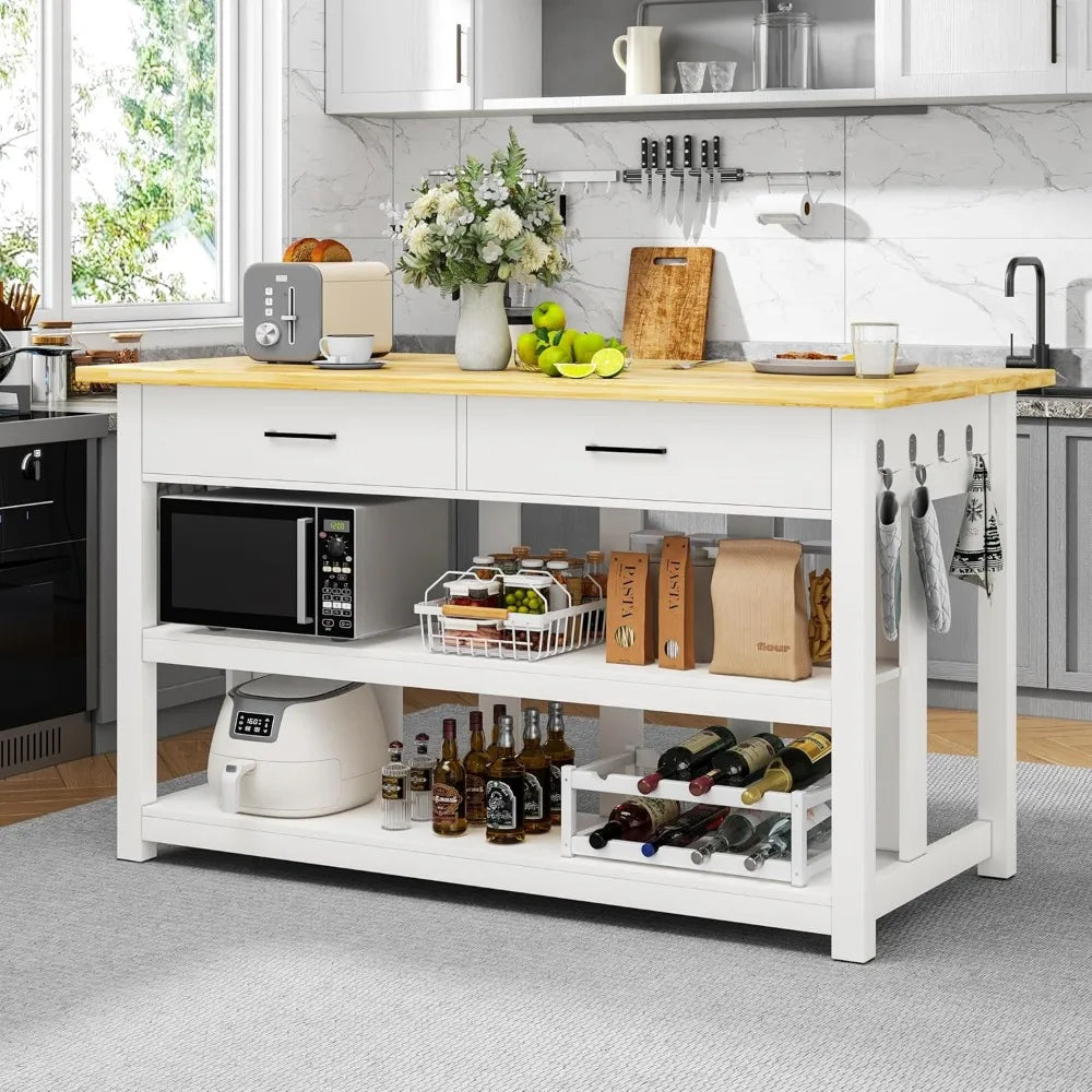 Extra Large Solid Rubberwood Kitchen Island with Power Outlets