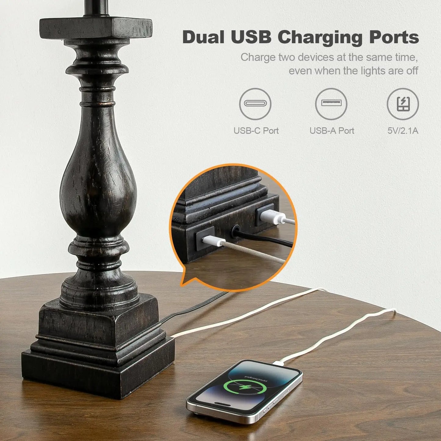 Farmhouse Table Lamps Set Of 2 With USB Ports Bedroom