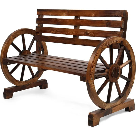 Rustic Wooden Wheel Bench for Charming Outdoor Spaces