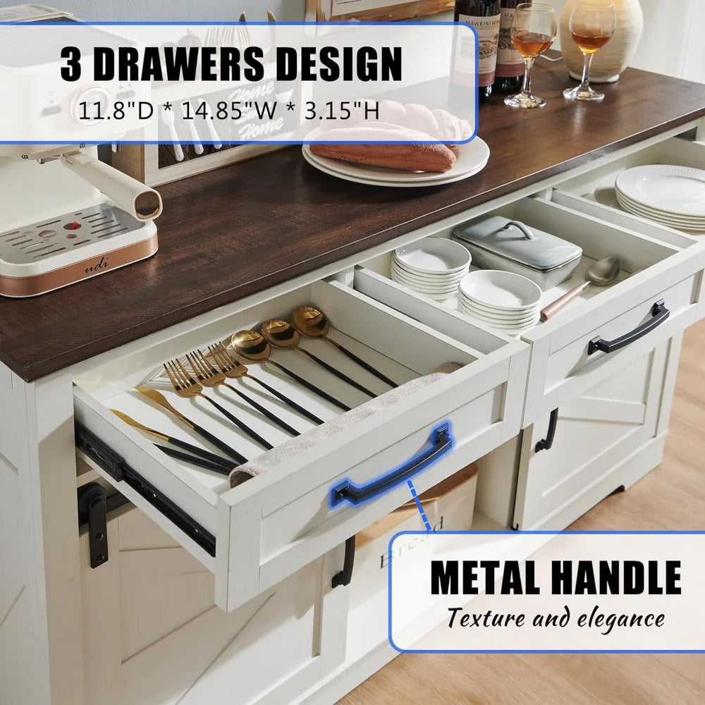 Farmhouse Buffet Cabinet With 3 Drawers And Sliding Door