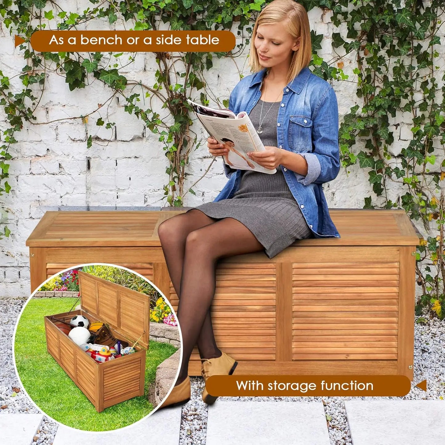 Acacia Wood Deck Box Outdoor Storage Bench For Cushions