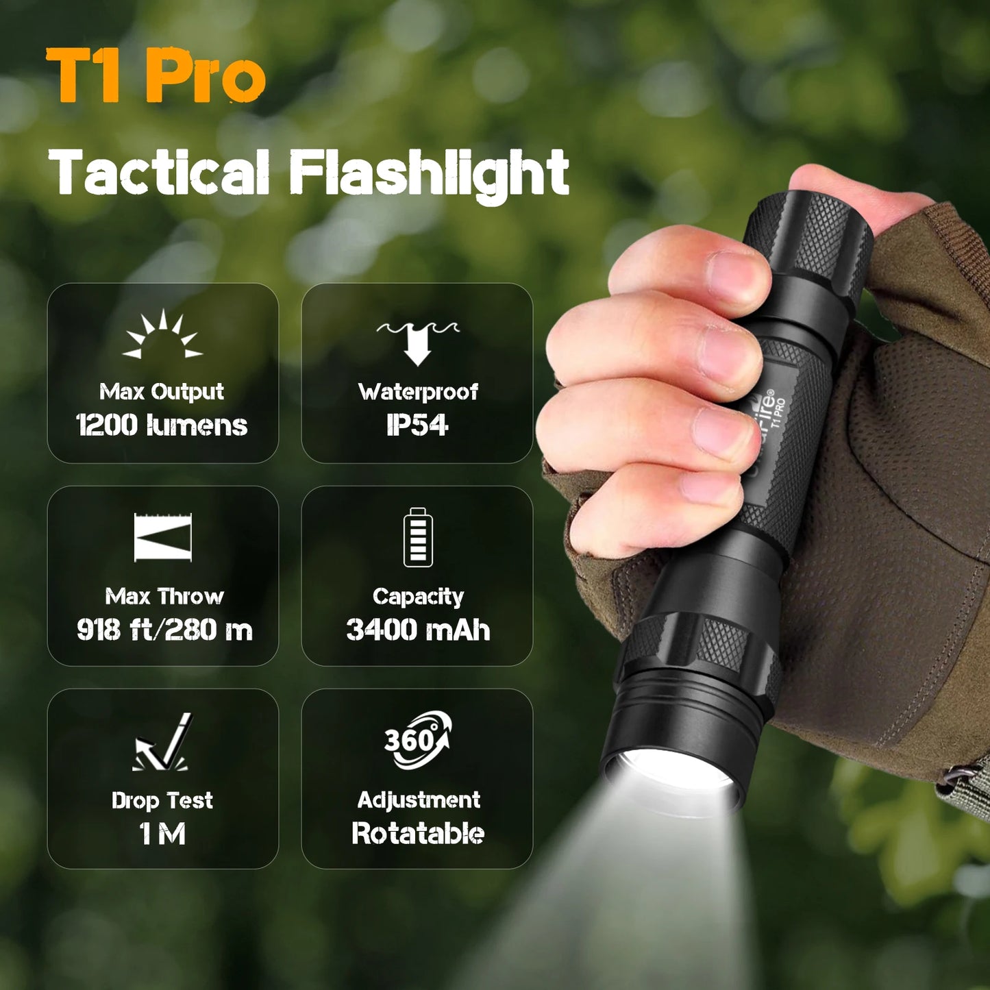 UltraFire T1 Pro Tactical Flashlight 1200 Lumens Rechargeable