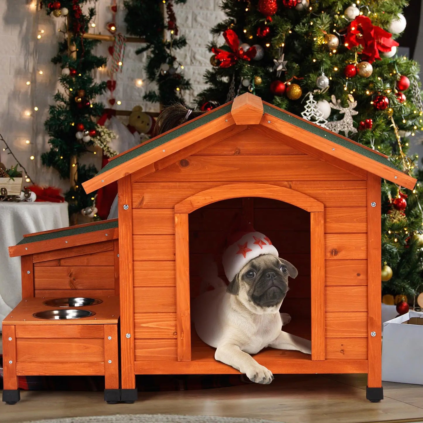 Cozy Wooden Dog House with Food Bowl Storage