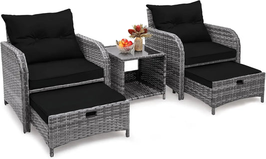 5 Piece Rattan Patio Chairs Set With Ottoman Comfort