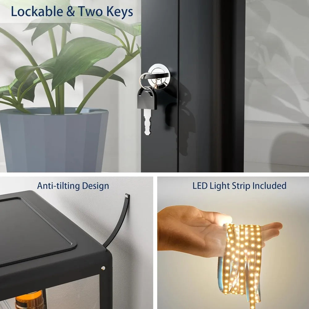 LED Glass Display Cabinet With Adjustable Shelves And Lock