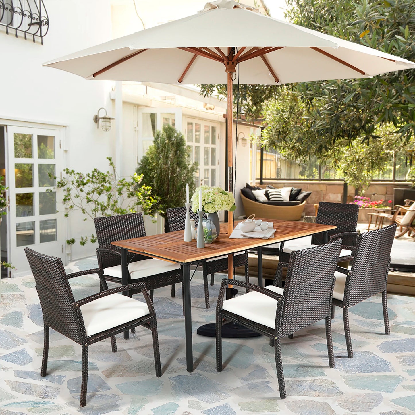 Elegant 7PCS Rattan Patio Dining Set with Wooden Top