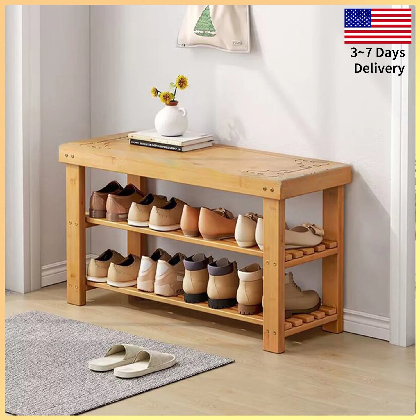 Bamboo 3 Tier Shoe Rack Entryway Bench For Modern Storage